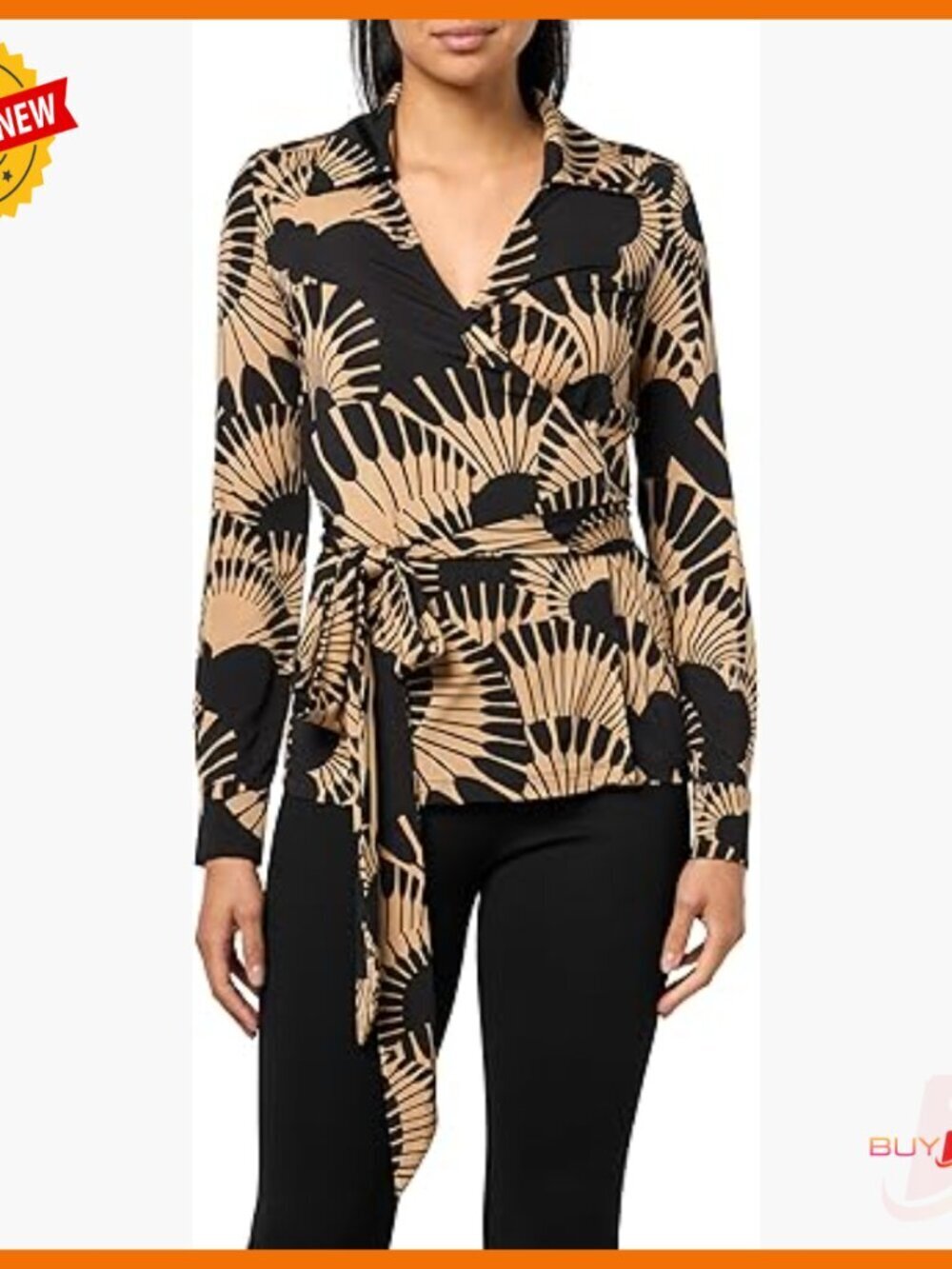 Long Sleeve Tunic Top with Collar and Wrap Tie Front, Regular Fit